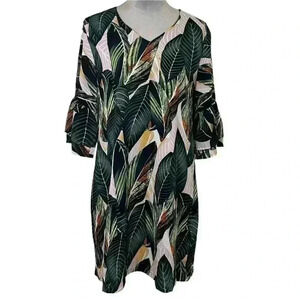 Belongsci V-neck Knee Length Dress Flounce Bell Sleeve Zipper in the back Size L